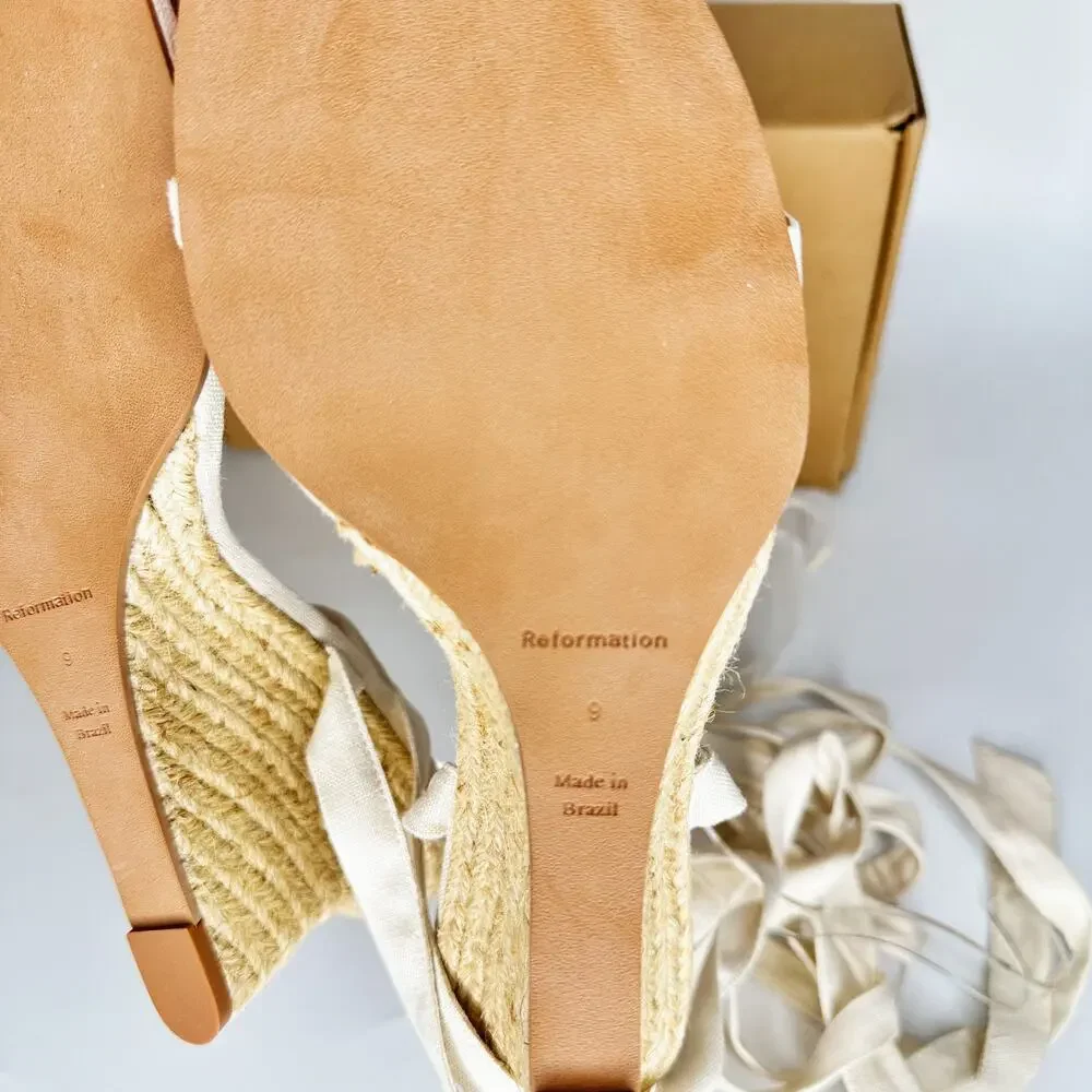 NWT Reformation Alessa Lace Up Cream Linen Wedge Espadrilles Shoes Size 9